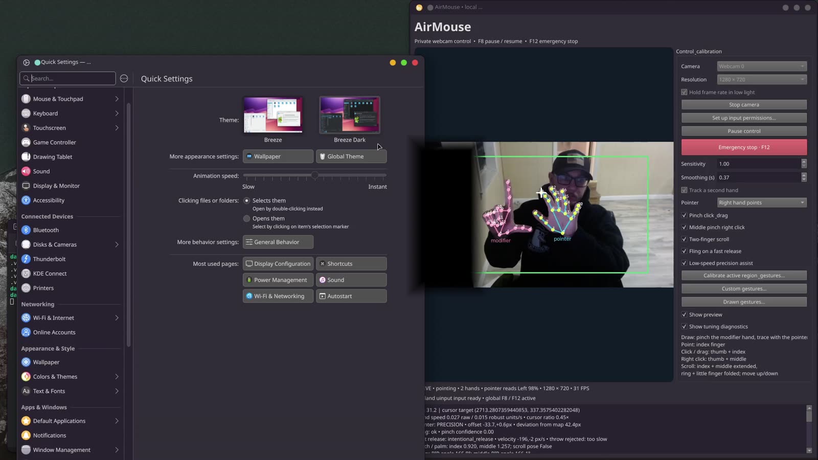 AirMouse tracking a pointer hand and a modifier hand over a KDE Plasma desktop