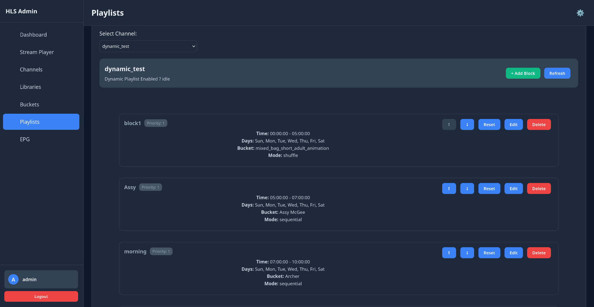 Playlists view listing a channel's schedule blocks
