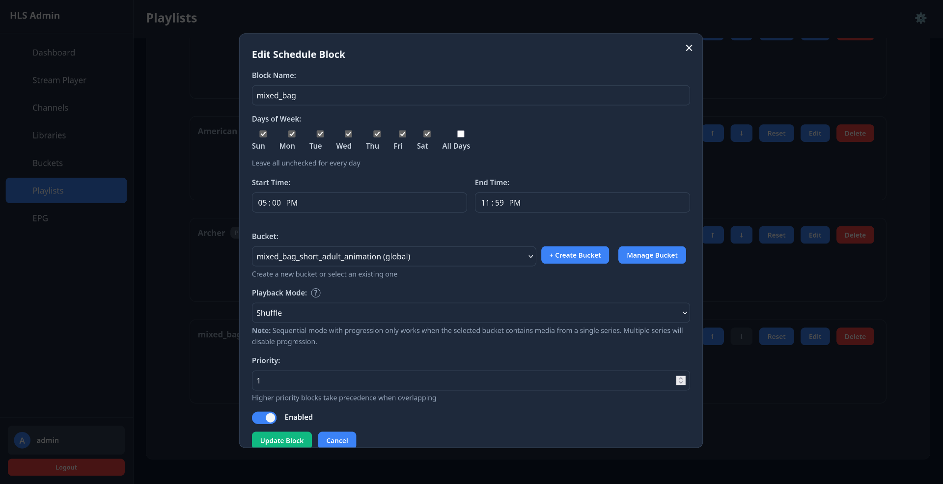 Edit Schedule Block dialog with days, time range, bucket, playback mode, and priority